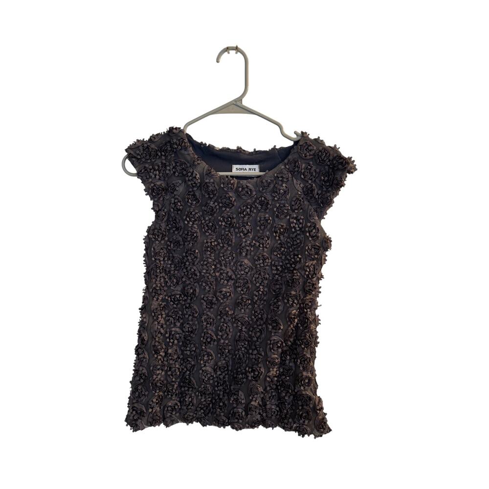 Sofia‎ Rye Top Women's Black Flowers Short Sleeve Side Zip Closure Sz S